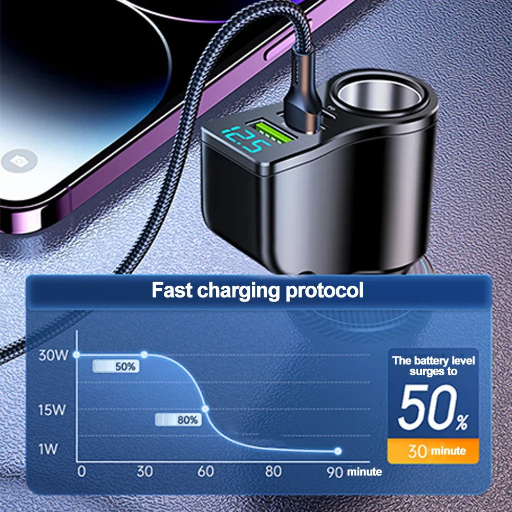 A close-up of a black car charger adapter with a cable, demonstrating a fast charging protocol graphic.