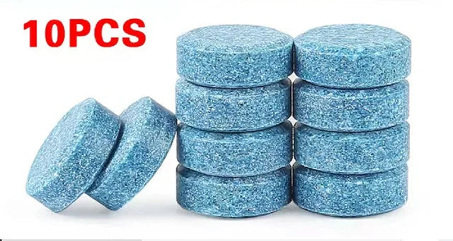 Ten round blue effervescent tablets for cleaning car windshields