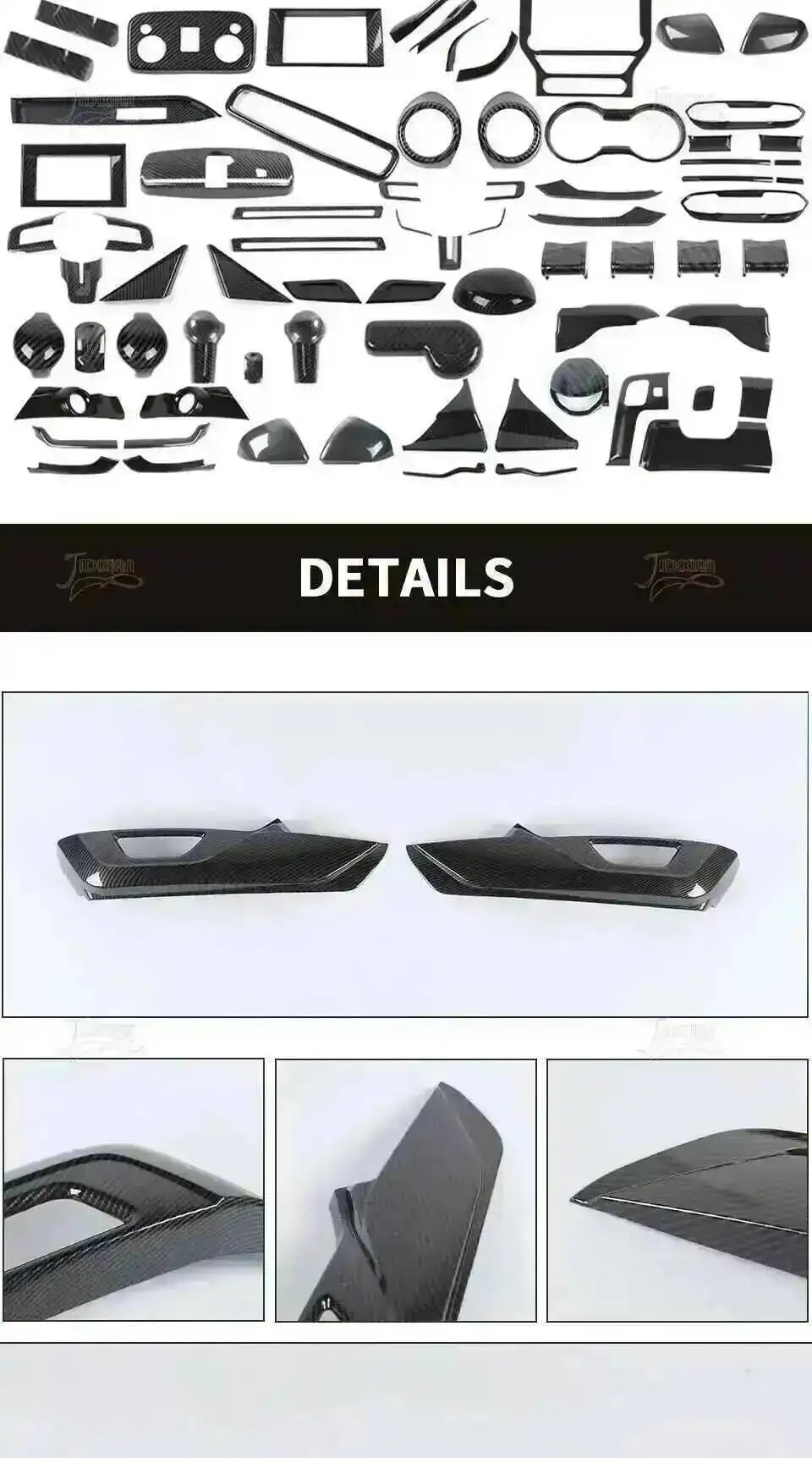 A collection of carbon fiber interior decoration parts and components for a Mustang.