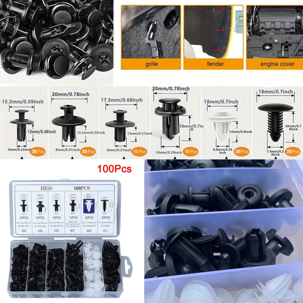 A collection of black universal auto fastener clips for trim and body repair, including various sizes and types.