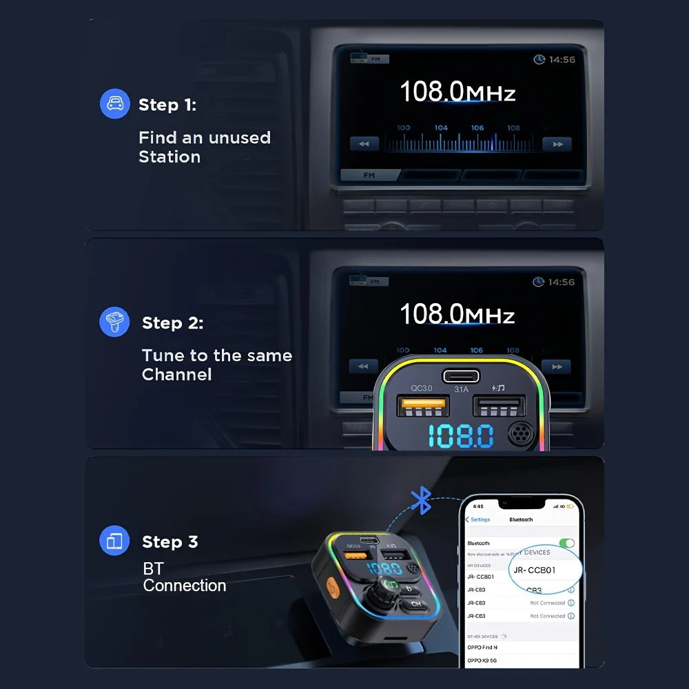 A three-step guide showing how to connect a Bluetooth FM transmitter for car audio to a device.