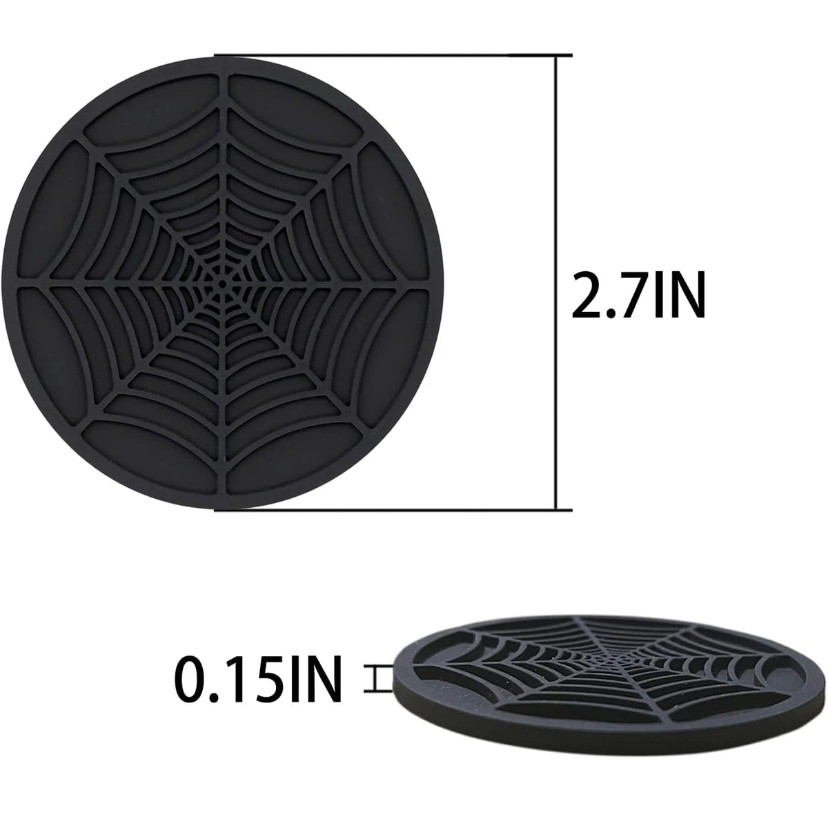 A black silicone spider web coaster with a 2.7-inch diameter.