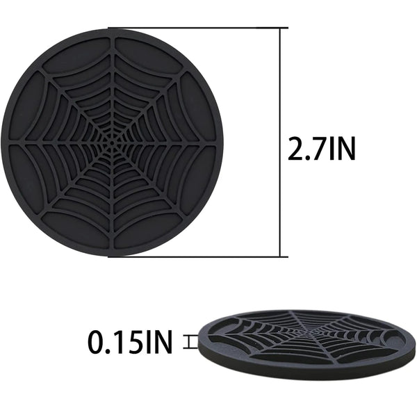 A black silicone spider web coaster with a 2.7-inch diameter.