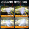 Demonstration of daily fog and rain day effects showing light patterns from low beam to high beam headlights