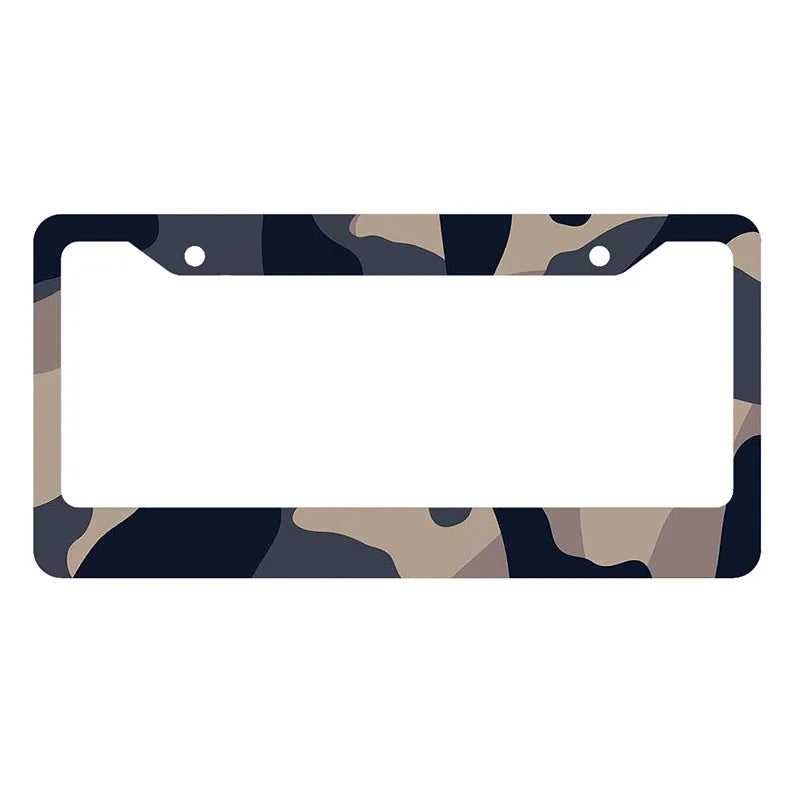 A license plate cover featuring a camouflage pattern for protection and customization.