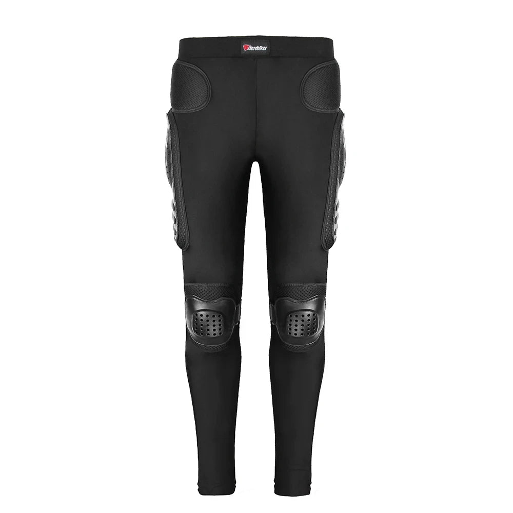 Black heavy-duty motocross riding pants with reinforced knee pads and ventilation panels.