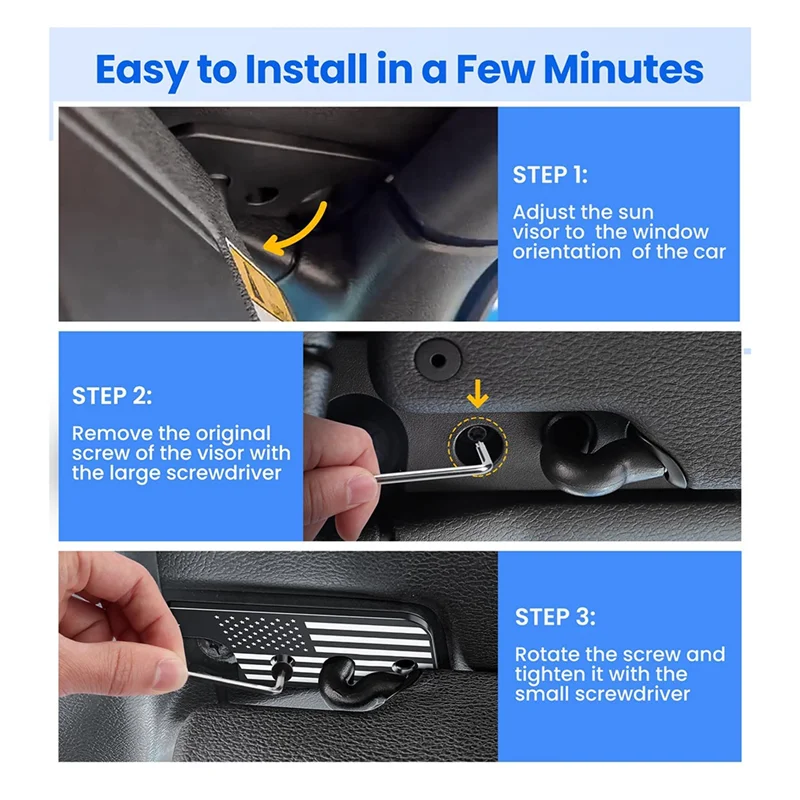 Step-by-step instructions showing how to install a heavy duty sun visor repair clip in a vehicle.