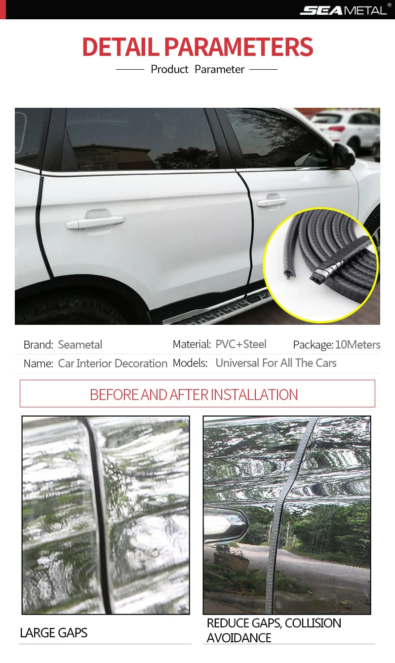 Before and after installation showing the application of a U-shape car door edge protector trim on a vehicle.