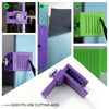 A set of purple and green precision vinyl film edge cutting aids shown in various angles.