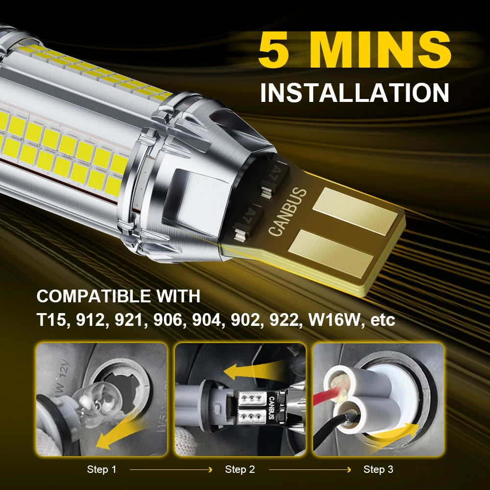 Installation guide showing three steps for installing LED reverse light bulbs with HD projector lenses.