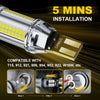 Installation guide showing three steps for installing LED reverse light bulbs with HD projector lenses.