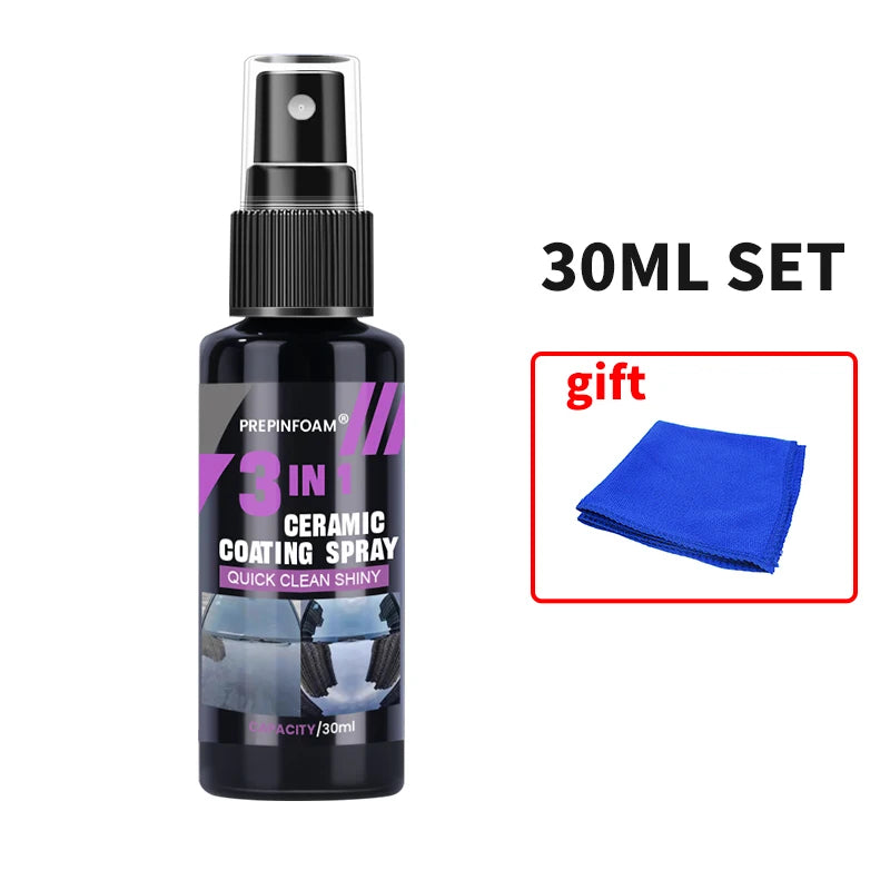 A black bottle of ceramic coating spray for vehicle protection with a blue cloth and gift tag.