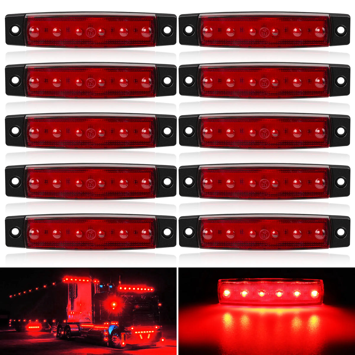 Plusieurs vues de feux de signalisation LED rouges pour véhicules, avec gros plan d'éclairage.