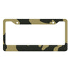 A license plate cover with a camouflage pattern featuring olive green and black tones.