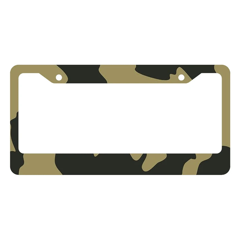 A license plate cover with a camouflage pattern featuring olive green and black tones.