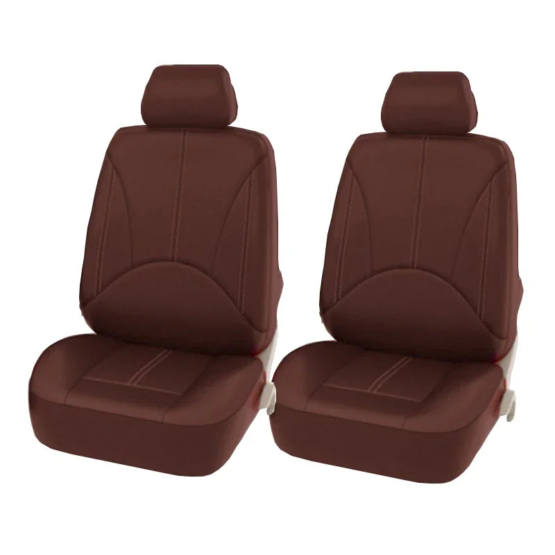 A pair of brown universal PU leather car seat covers shown from the back.