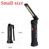A black foldable magnetic LED flashlight with a yellow light, shown in various dimensions.