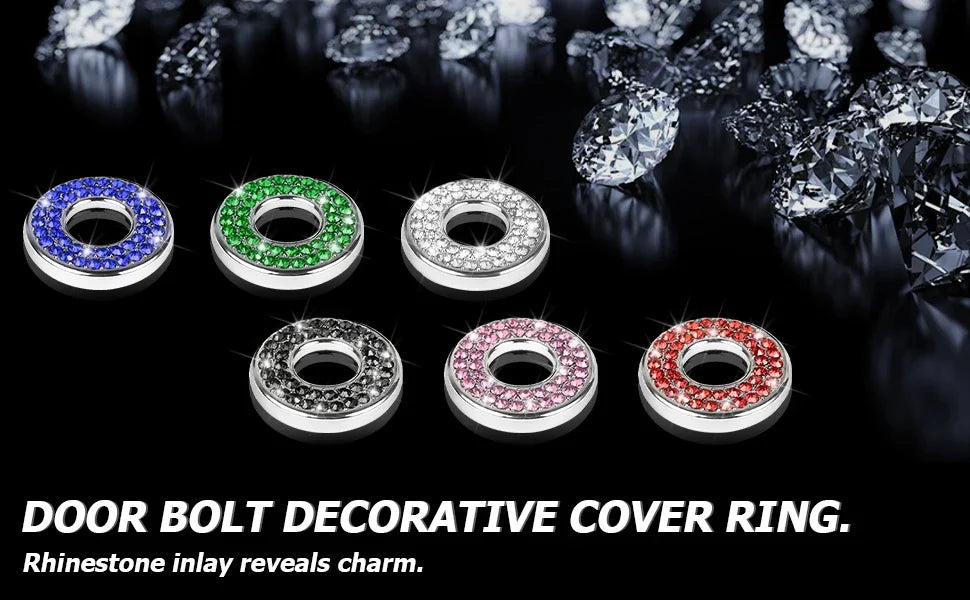 Decorative cover ring for a door bolt featuring various colored rhinestones.