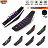 Various colored ribbed seat covers for motorcycles shown in different angles and patterns