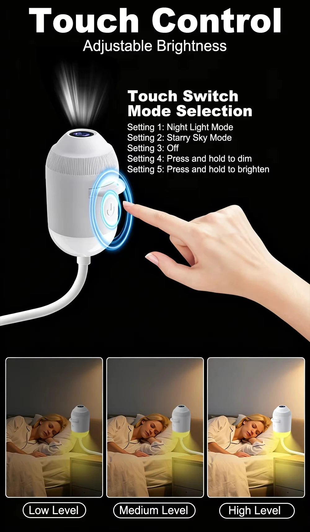 A hand touches a white night light device to adjust the brightness level, shown in low, medium, and high settings.