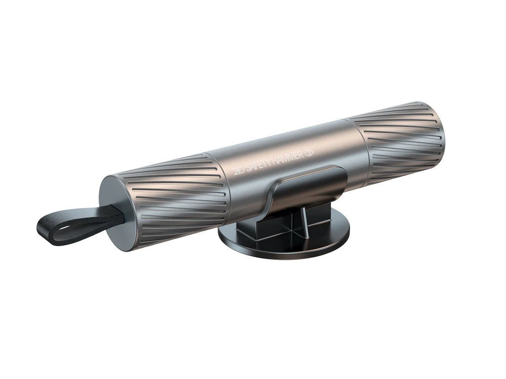A metallic glass window breaker tool with a handle and a flat striking end.