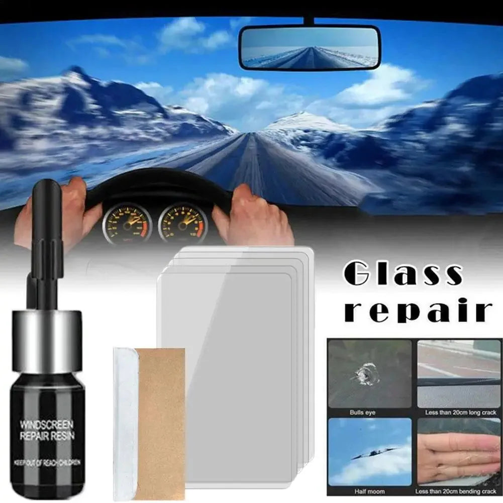 Glass repair kit for car windshield, showing tools and examples of damage.