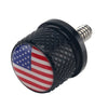 Black aftermarket motorcycle seat and fender bolts with an American flag design