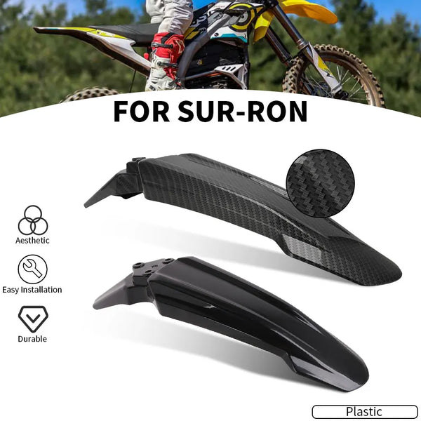 Black plastic universal motorcycle fender designed for sur-ron e-bikes