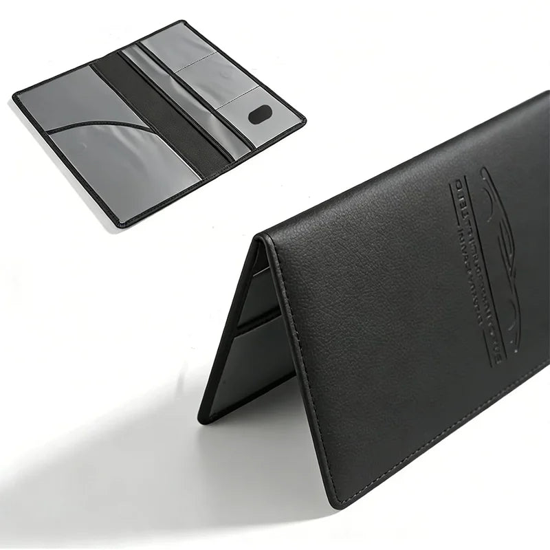 A black premium PU leather vehicle organizer featuring a transparent cover and internal compartments.