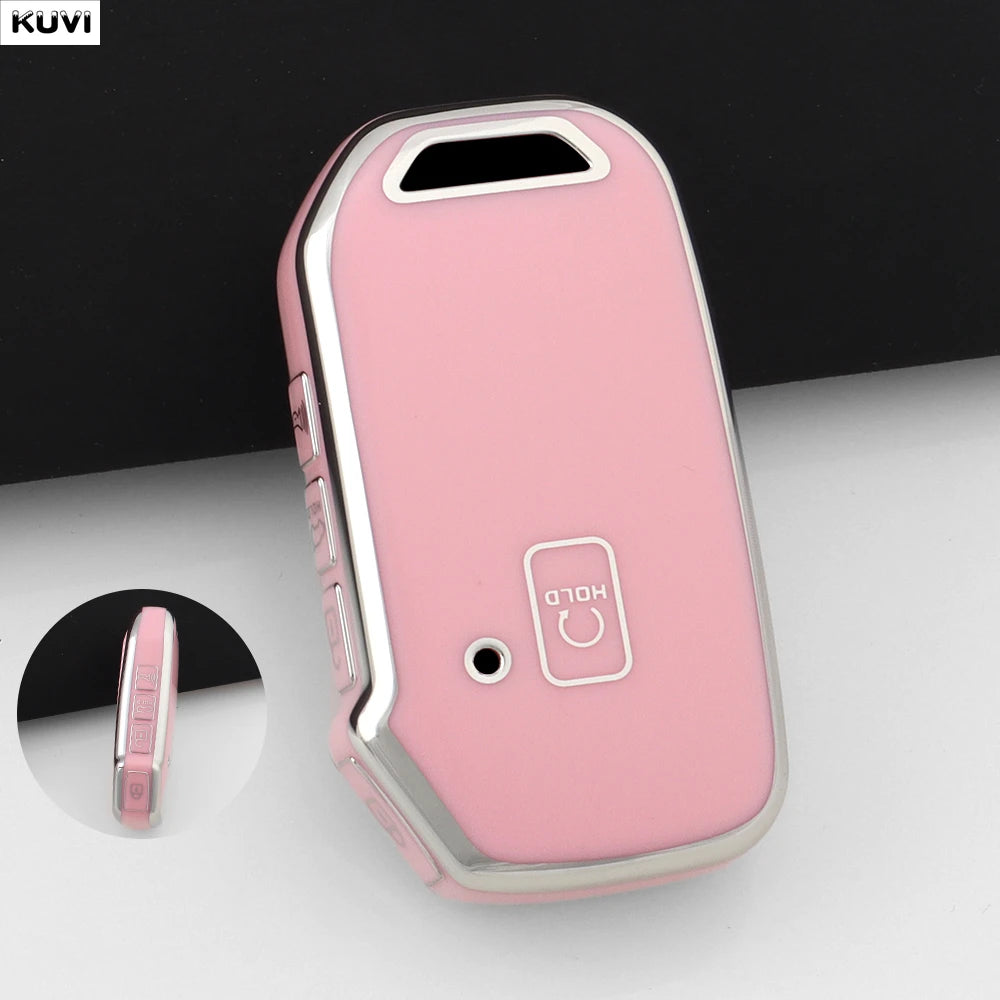 A pink durable TPU car key fob cover protector is shown in a profile view.