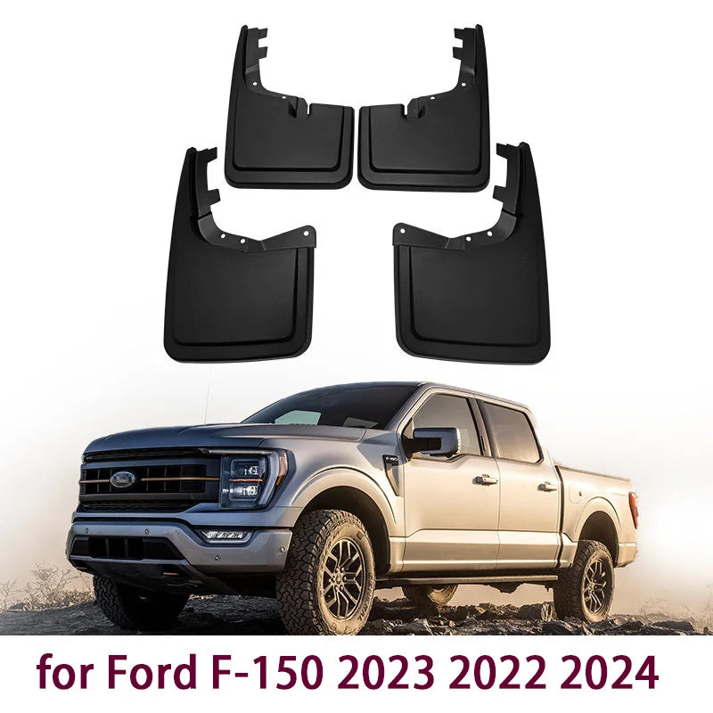 Set of heavy-duty black mud flaps for a Ford F-150 truck.