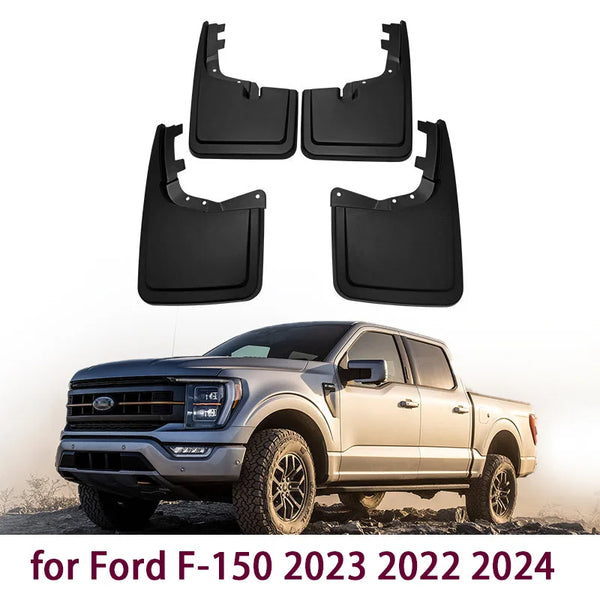 Set of heavy-duty black mud flaps for a Ford F-150 truck.