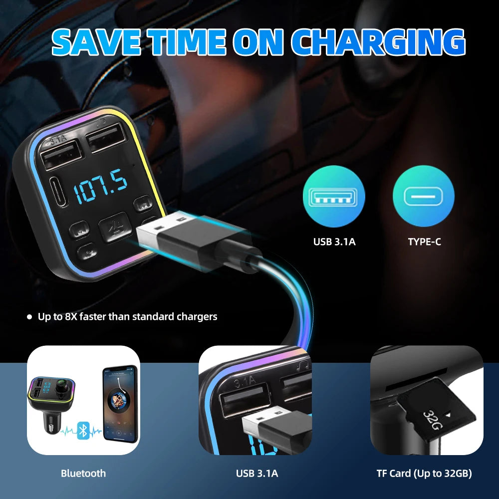 A car audio transmitter device showing a 107.5 display and USB 3.1A output for charging.