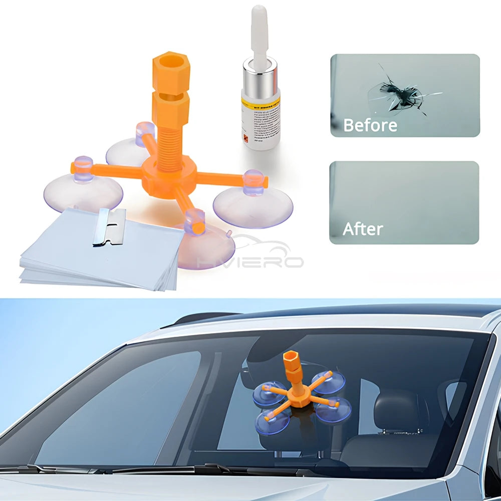 Kit profesional de reparación de parabrisas mostrando resultados antes y después en una ventana de coche.