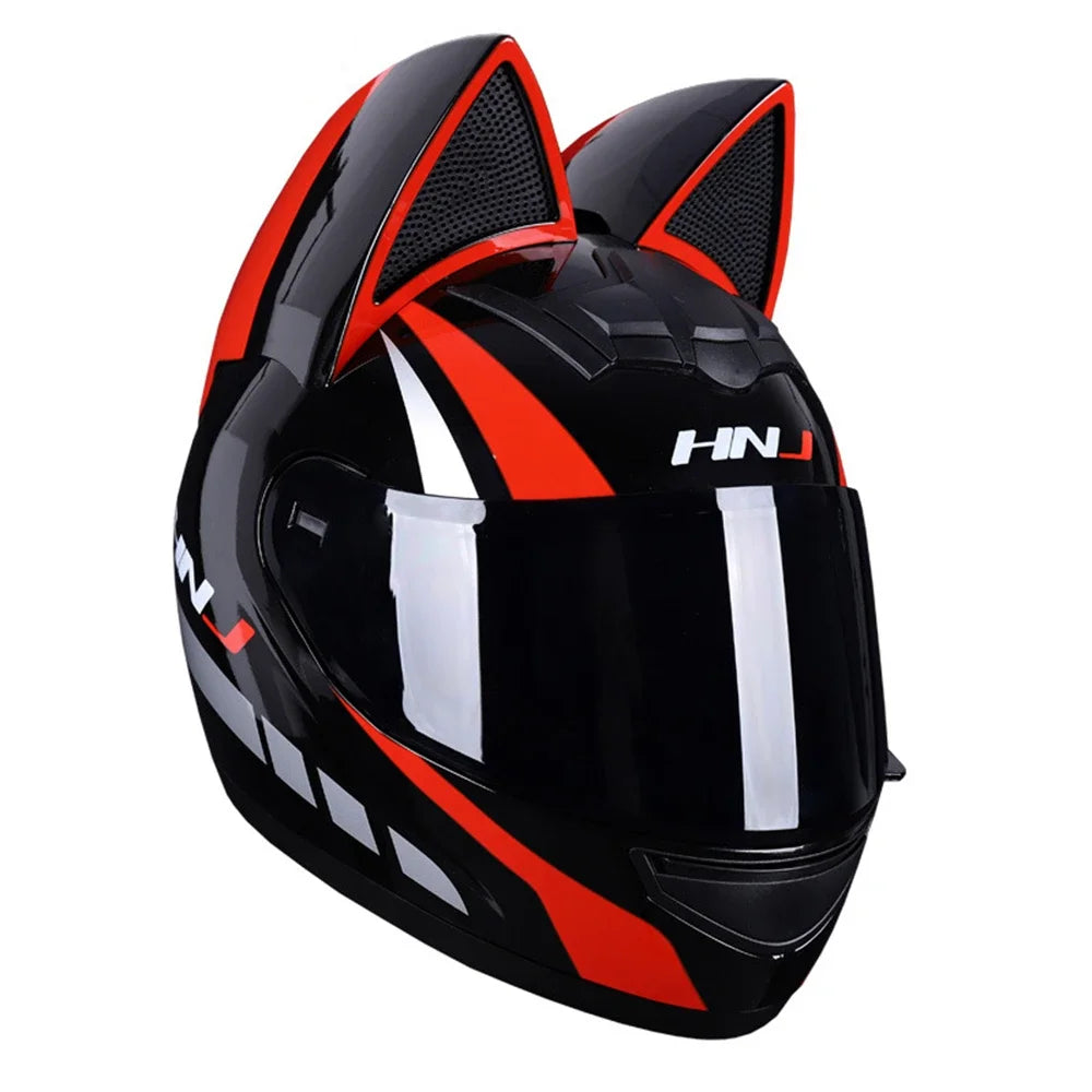 A black full face motorcycle helmet with red accents and cat-ear style vents.