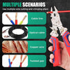 A hand holds a red wire stripping tool next to various electrical wires and cables demonstrating multiple scenarios.