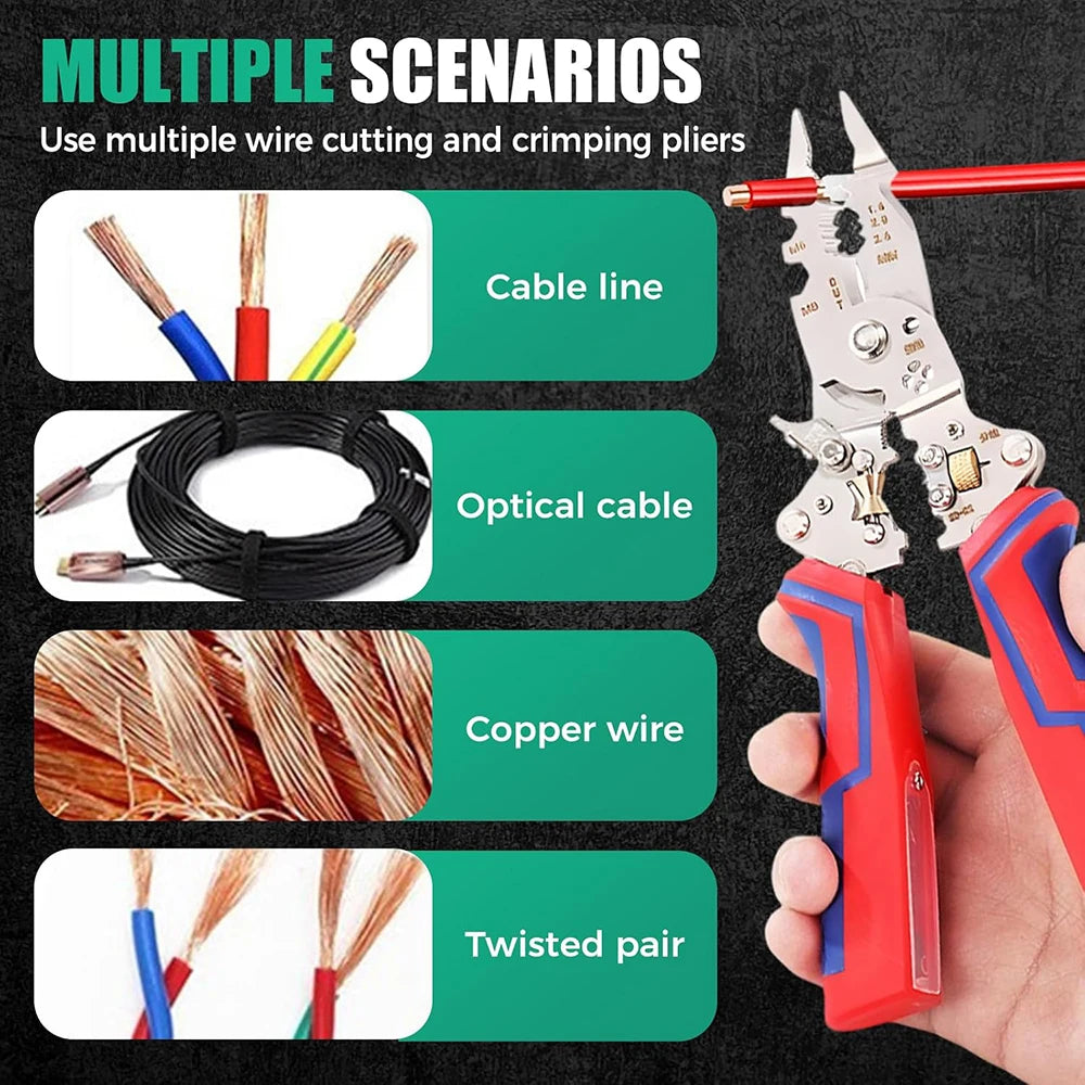 A hand holds a red wire stripping tool next to various electrical wires and cables demonstrating multiple scenarios.