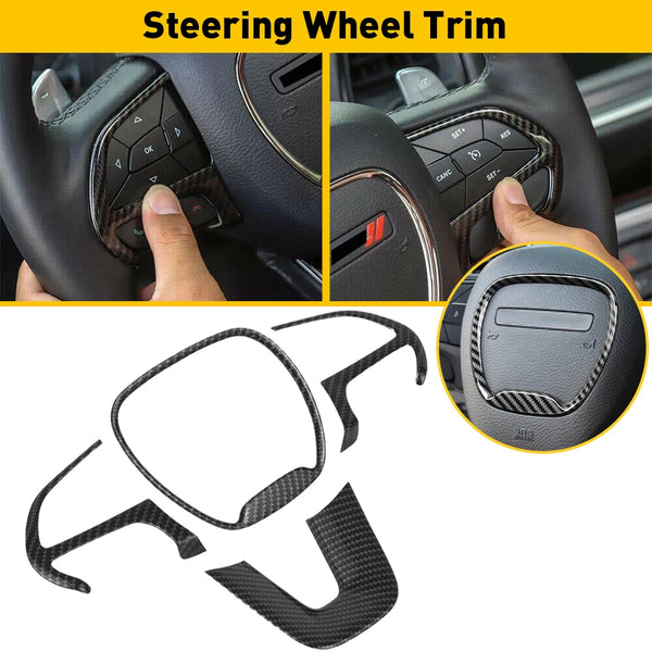 A black steering wheel trim cover for Dodge and Jeep vehicles shown in various angles.