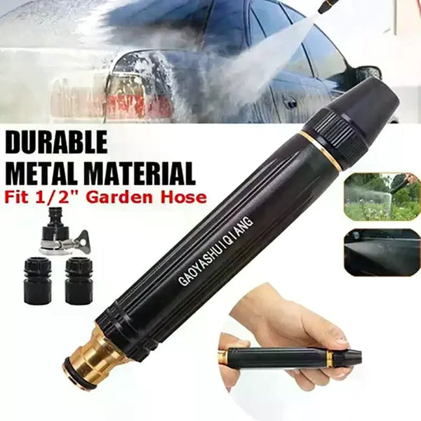 A black metal garden hose nozzle and spray kit is shown next to a car being washed.