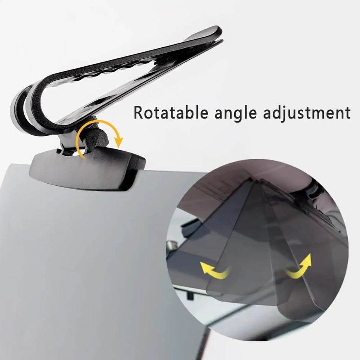 Primer plano de un extensor de visera de coche con mecanismo de ajuste angular giratorio.