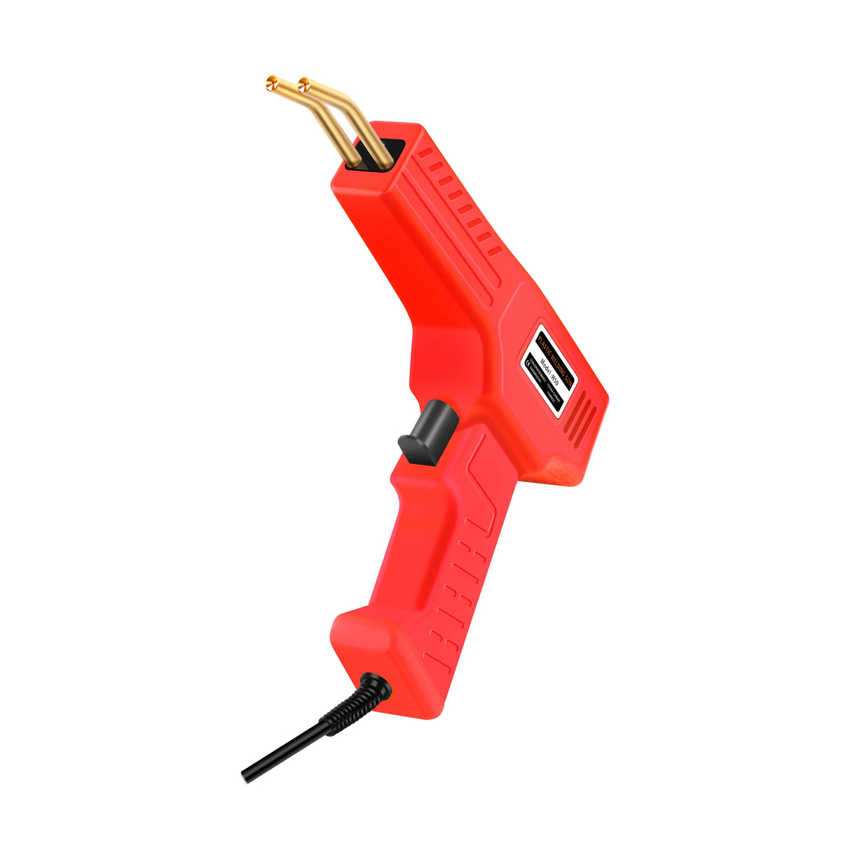 A red heavy duty plastic welding and repair kit with gold-tipped tools and a drill bit.