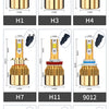 Various models of dual color car LED headlights including H1, H3, H4, H7, H11, 9012, 9005, 9006, and 880.