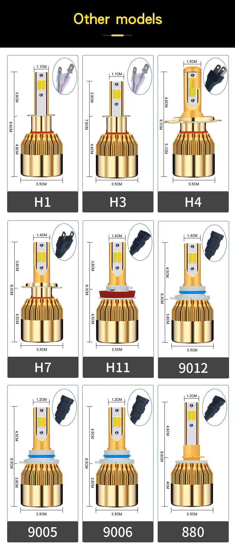 Various models of dual color car LED headlights including H1, H3, H4, H7, H11, 9012, 9005, 9006, and 880.