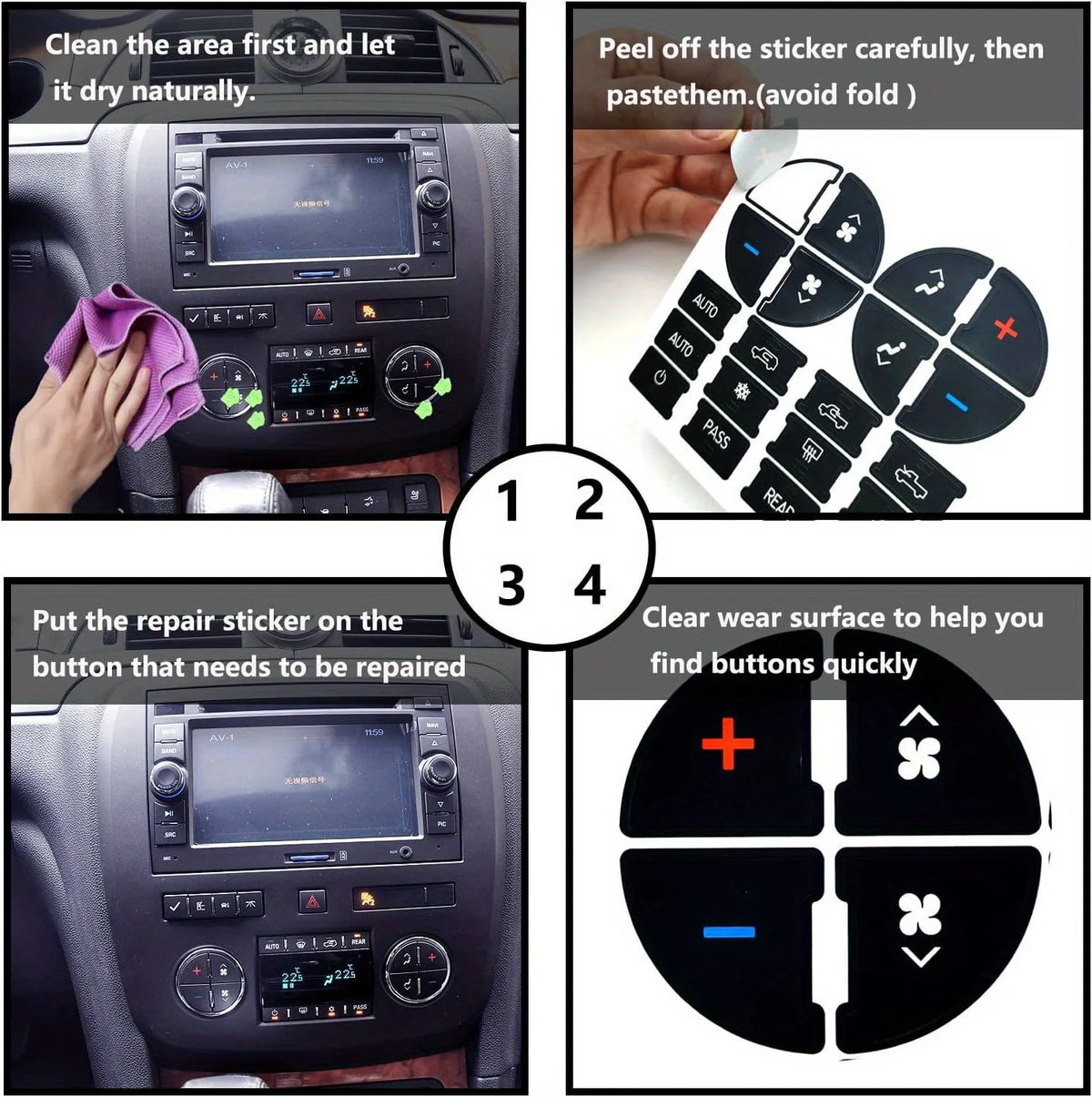 Instructions showing how to clean, peel, and apply a repair sticker to an AC control button.