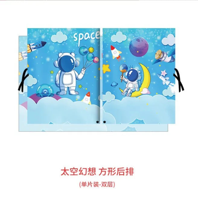 A pair of blue and white magnetic double-layer car window shades featuring space and astronaut designs.