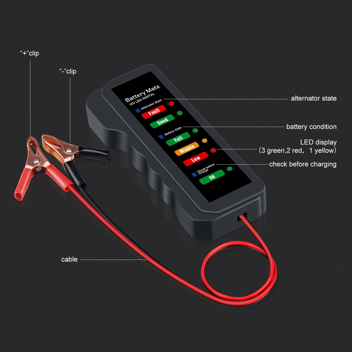 A black battery tester device is shown with a red cable and clip, displaying an LED screen for battery condition checks.
