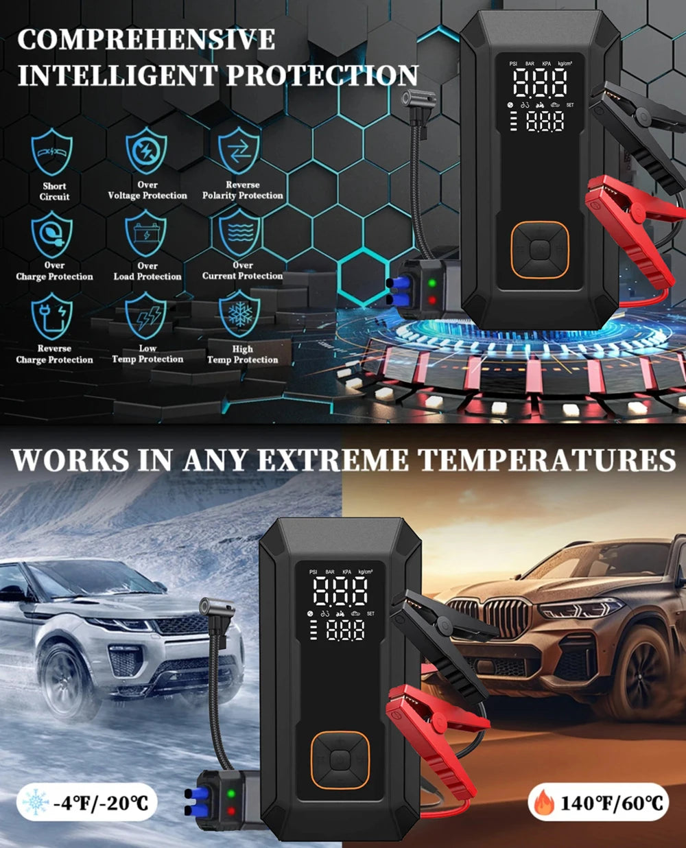 A black multi-function jump starter and air compressor kit is shown with various protection features and in extreme temperatu