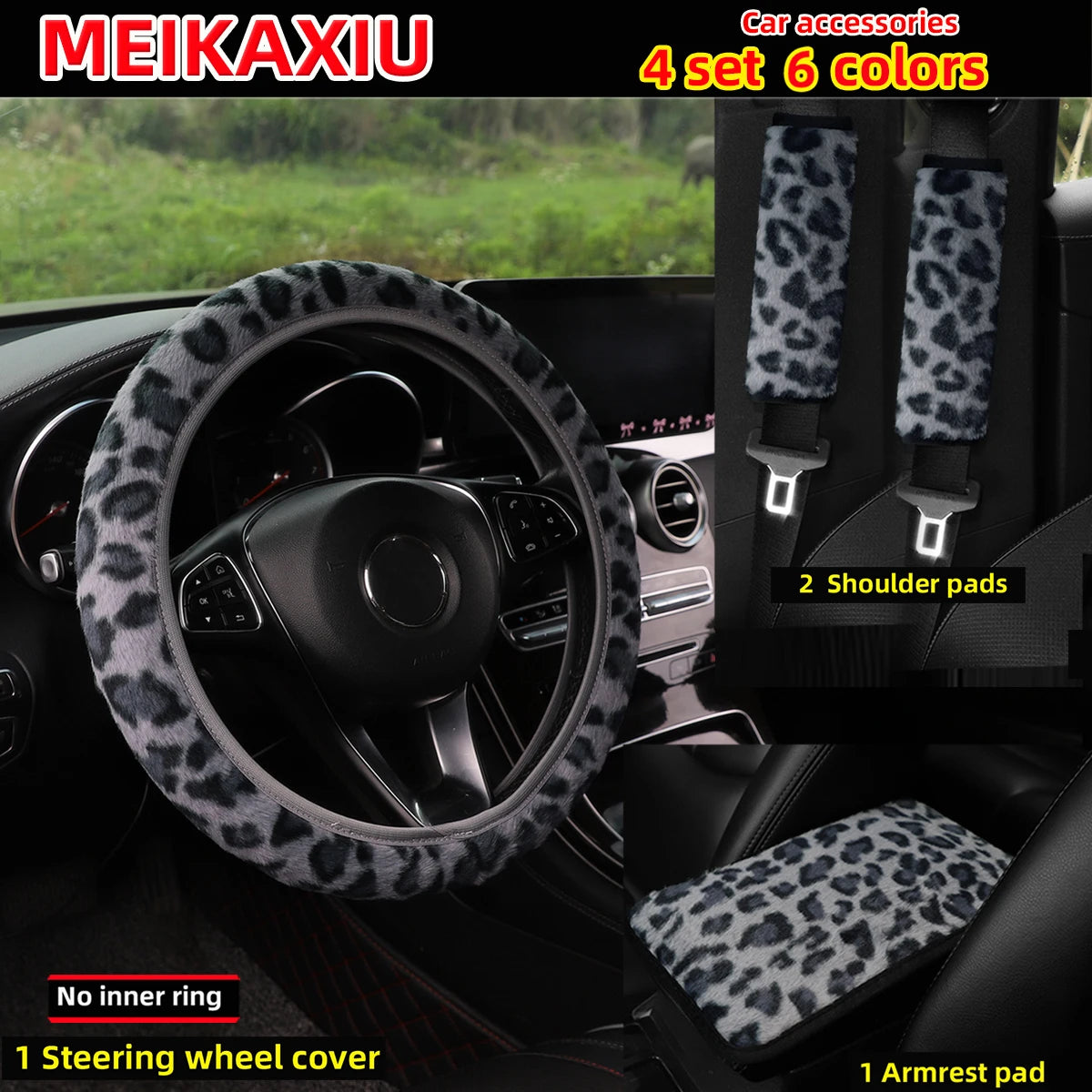 A set of four leopard print plush car accessories including a steering wheel cover and two shoulder pads