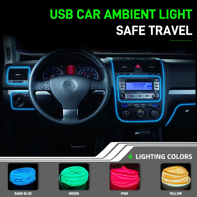 Flexible LED wiring strips in dark blue, green, pink, and yellow colors used for USB car ambient light.