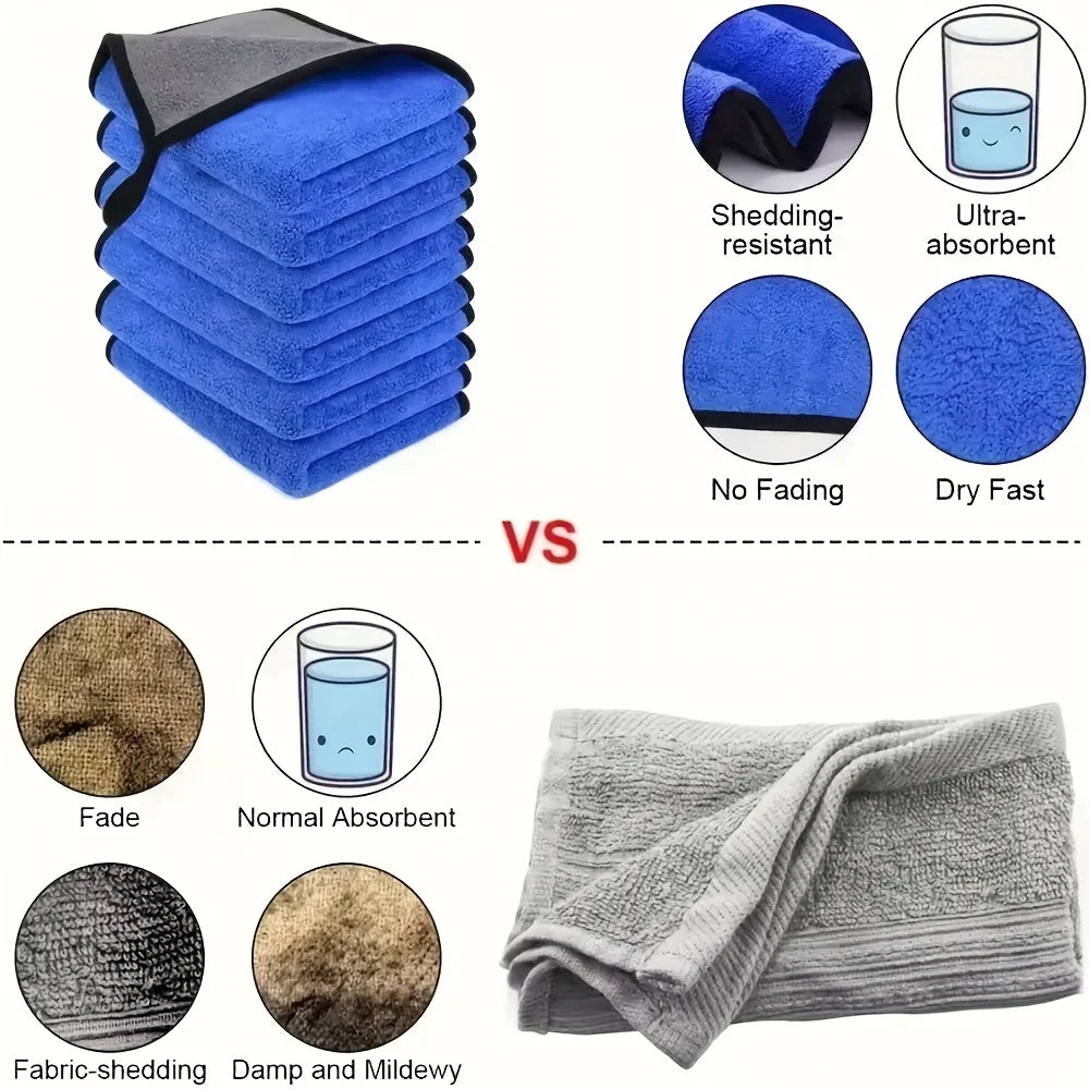 A set of blue microfiber car cleaning towels demonstrating shedding resistance, no fading, and fast drying capabilities.